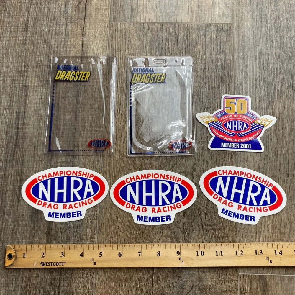 Vintage NHRA Drag Racing Member Decals & National Dragster Badge Holders 6pc Lot
